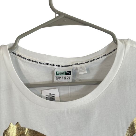 Puma White Short Sleeve Metallic Gold Logo Cat Front T-Shirt Women Sz XS - Picture 5 of 9